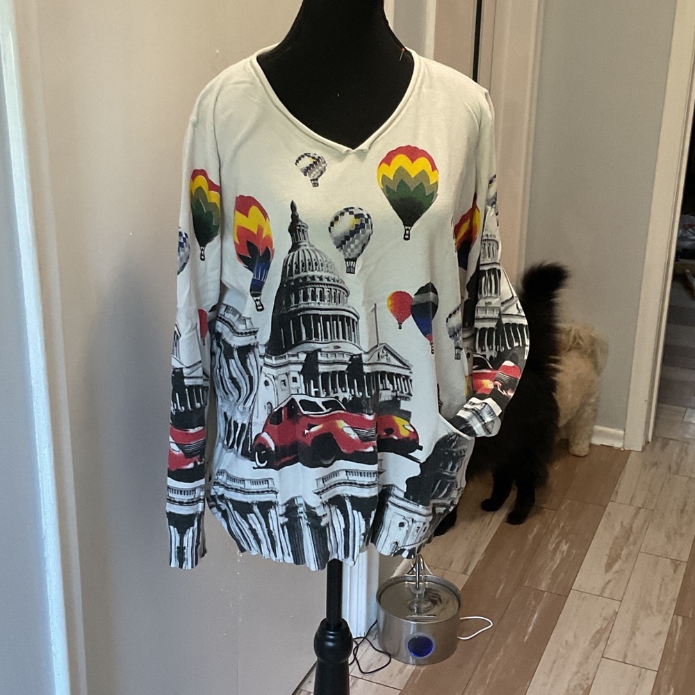 P389. Vibrant V-Neck Sweater with Capitol and Balloon Design |M